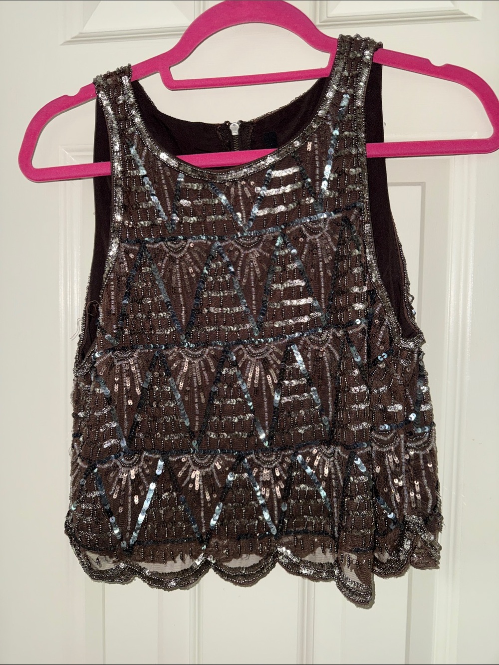 Beaded Sequin Tank Top in Dark Brown